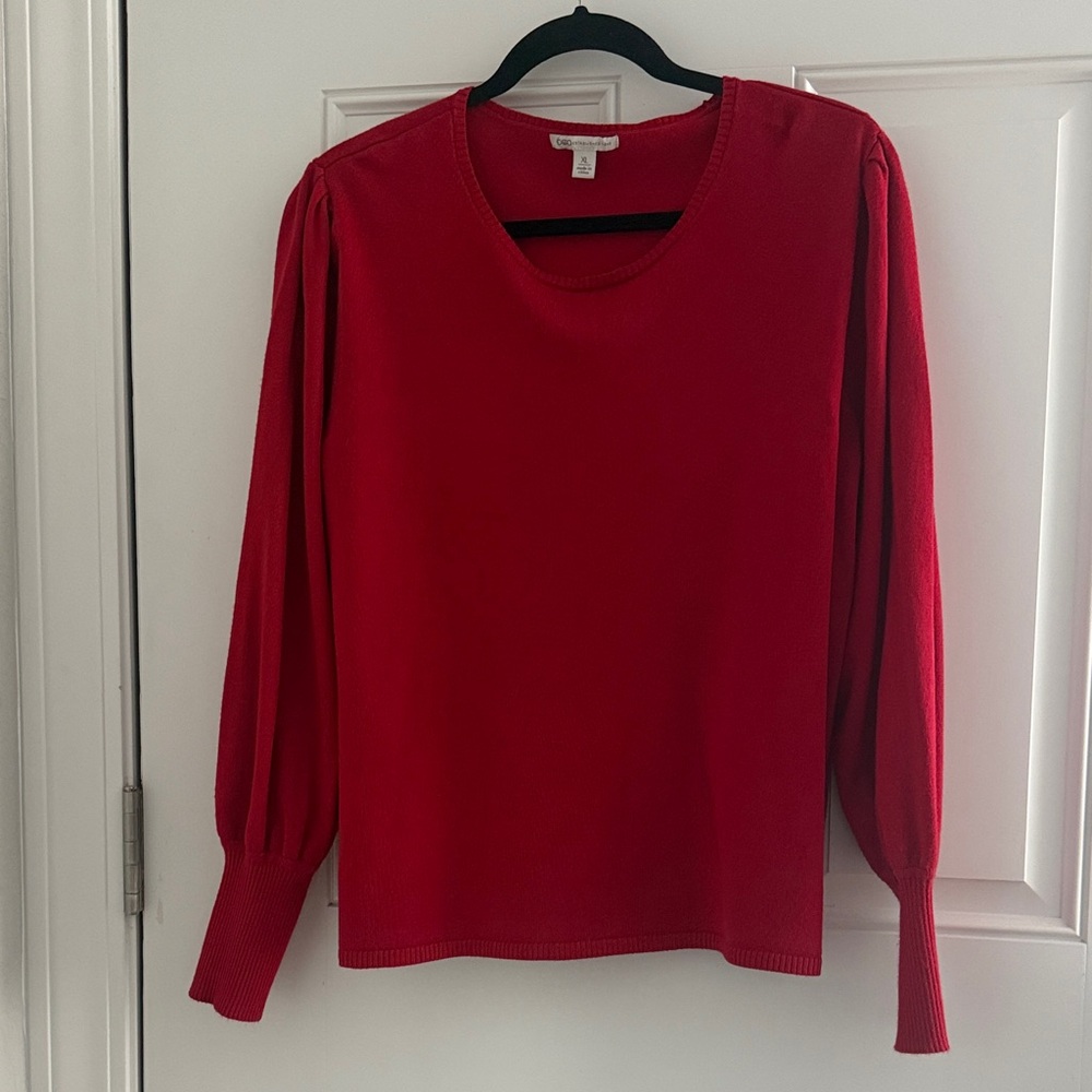 Red Long Sleeve Knit Top with Ruffled  Shoulders